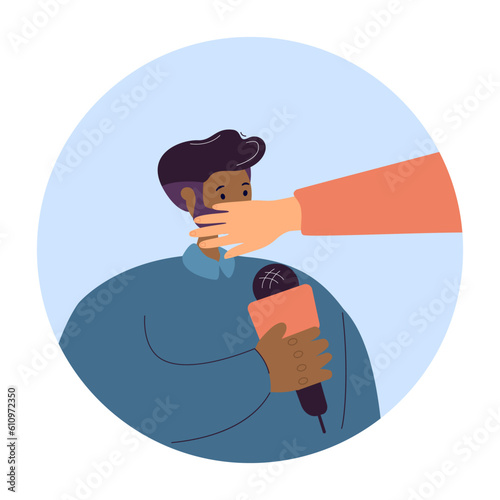 Hand covering mouth of reporter with mic vector illustration. Cartoon drawing of African American journalist, lack of freedom in press, propaganda. Freedom of speech, media, journalism concept