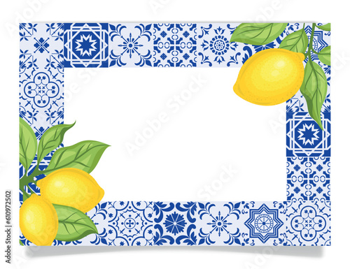 Frame with blue tiles and lemon branches, vector.