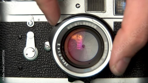 Setting the Aperture on Leica M2 Vintage Camera Lens, Film Photography Footage, 4K close up shot