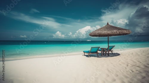 Beach loungers and umbrella on the white sand by the beautiful sea. White clouds in the sky. Summer vacation and relaxation at the sea. Generative AI