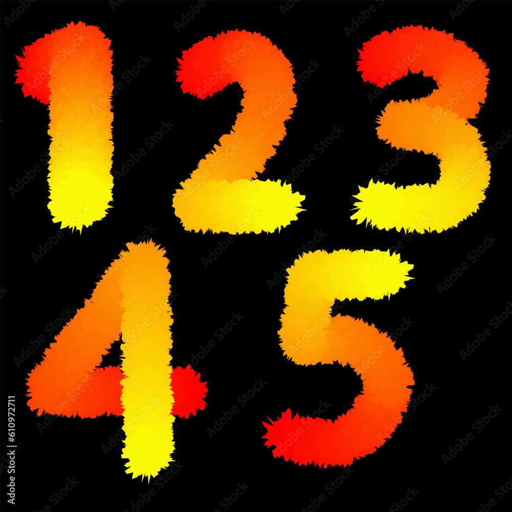 Fury numbers set vector. Yellow and orange fury numbers 1 to 5. Celebrate birthday, anniversary, kids party decor. Birthday numbers Fury numbers set vector. Yellow and orange fury numbers 1 to 5. Celebrate birthday, anniversary, kids party decor. Birthday numbers