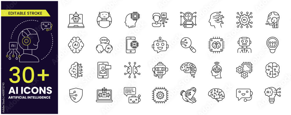 AI line icons. Editable stroke thin icon set with machine learning, set of brain, ai, head, machine, technology, AI chat and more. Icon collections editable stroke (Artificial intelligence)