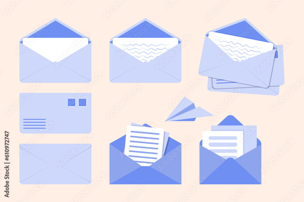 Open and closed blue envelopes vector illustrations set. Cartoon ...