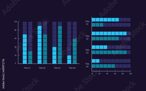 Multi-set bar infographic chart design template set for dark theme. Compare different values. Visual data presentation. Editable column graphs collection. Myriad Pro-Bold, Regular fonts used