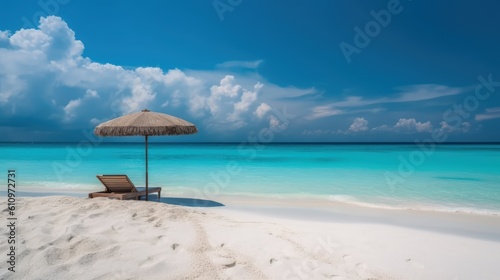 Beach lounger and umbrella on the white sand by the beautiful sea. White clouds in the sky. Summer vacation and relaxation at the sea. Generative AI