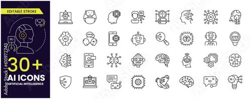 AI line icons. Editable stroke thin icon set with machine learning, set of brain, ai, head, machine, technology, AI chat and more. Icon collections editable stroke (Artificial intelligence)