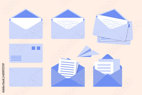 Open and closed blue envelopes vector illustrations set. Cartoon drawings of envelopes with letters, paper plane on cream background. Correspondence, communication, mail, newsletter, delivery concept