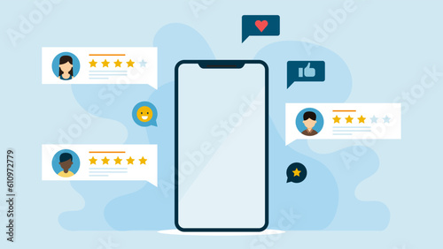 Smartphone with customer rating star review and social icons. Mobile with app review pop up icon