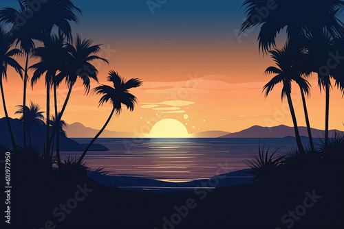 Beautiful sunset over the sea illustration in flat style © Larva Head