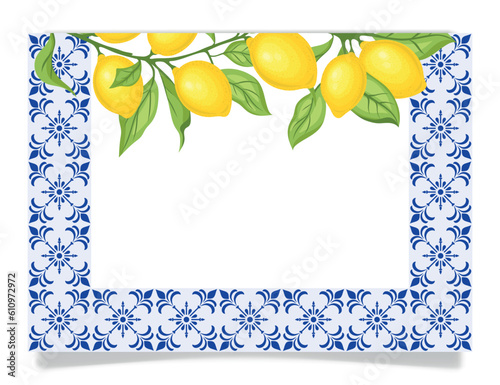 Frame with blue tiles and lemon branches, vector.