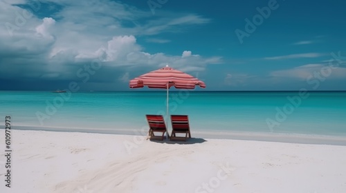 Beach lounger and umbrella on the white sand by the beautiful sea, evening sunset. White clouds in the sky. Summer vacation and relaxation at the sea. Generative AI