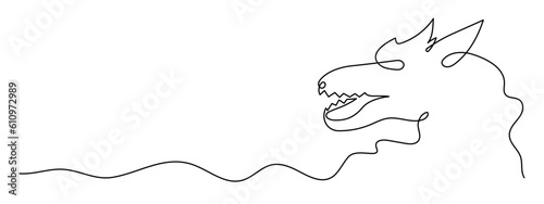 Dragon one line art,continuous contour drawing, hand-drawn mythical chinese animal outline, horoscope zodiac sign,fairy tale creature ancient dinosaur.Editable stroke.Isolated.Vector illustration