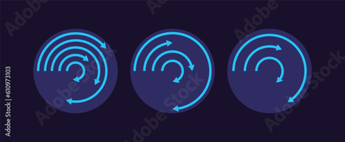 Radial arrow infographic chart design template set for dark theme. Different products performance. Tracking progress. Growth direction. Visual data presentation. Editable circular diagrams collection