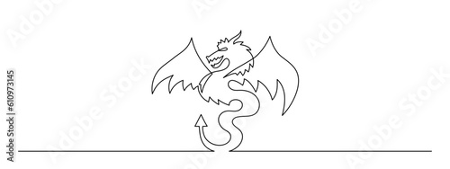 Dragon one line art,continuous contour drawing, hand-drawn mythical chinese animal outline, horoscope zodiac sign,fairy tale creature ancient dinosaur.Editable stroke.Isolated.Vector illustration