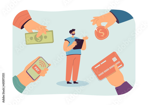 Hands offering different payment methods vector illustration. Surprised man with device choosing between cash pay, credit card, digital wallet. Finance transactions, payment options, banking concept