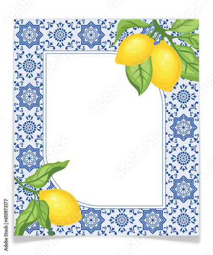 Frame with blue tiles and lemon branches, vector.