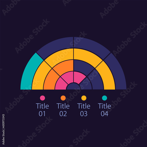 Half moon infographic chart design template for dark theme. Four rings. Semi circular. Editable arch infochart with different values. Visual data presentation. Myriad Pro-Bold, Regular fonts used
