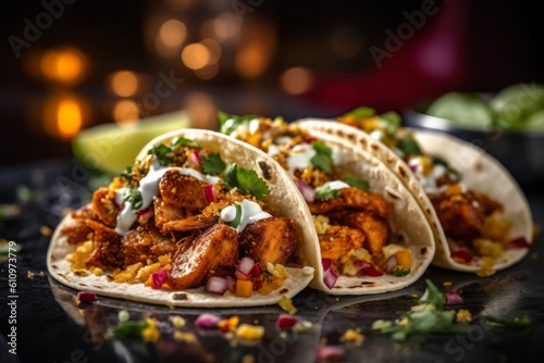 Close-up view photography of a delicious tacos on a marble slab against a rusted iron background. With generative AI technology