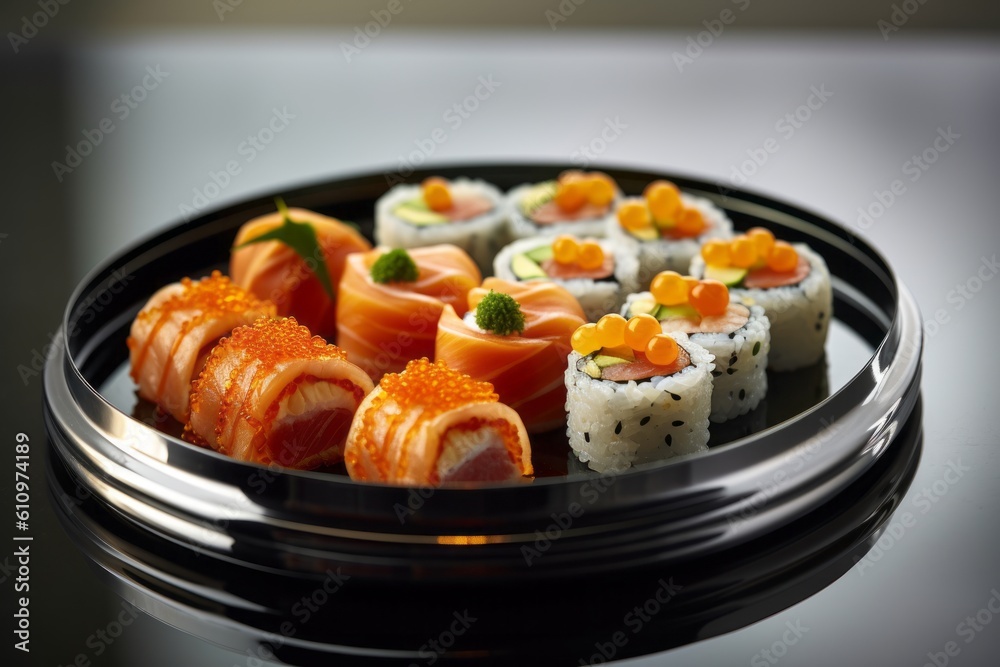 Highly detailed close-up photography of a delicious sushi on a metal tray against a polished metal background. With generative AI technology Highly detailed close-up photography of a delicious sushi on a metal tray against a polished metal background. With generative AI technology