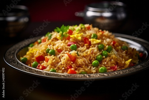 Close-up view photography of a tempting fried rice on a porcelain platter against a polished metal background. With generative AI technology