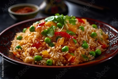 Close-up view photography of a tempting fried rice on a porcelain platter against a polished metal background. With generative AI technology © Markus Schröder
