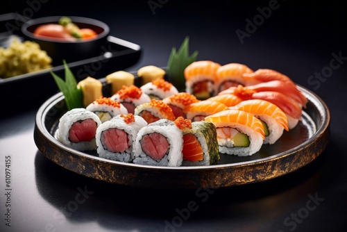 Highly detailed close-up photography of a delicious sushi on a metal tray against a polished metal background. With generative AI technology