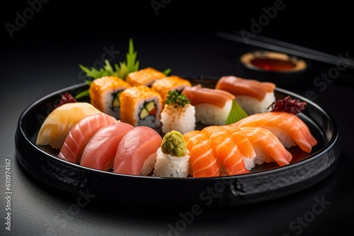 Highly detailed close-up photography of a delicious sushi on a metal tray against a polished metal background. With generative AI technology