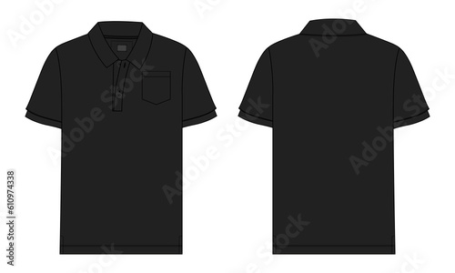 Short Sleeve polo shirt Technical drawing Fashion flat sketch vector illustration black color template front and back views. Basic Apparel clothing Design mock up polo tee 