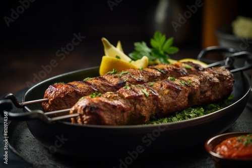 Close-up view photography of a delicious kebab in a clay dish against a polished metal background. With generative AI technology
