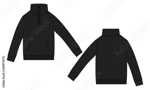 Long sleeve jacket with pocket and zipper technical fashion flat sketch vector illustration Black Color template front and back views. Fleece jersey sweatshirt jacket for men's and boys.
