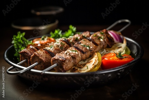 Close-up view photography of a delicious kebab in a clay dish against a polished metal background. With generative AI technology