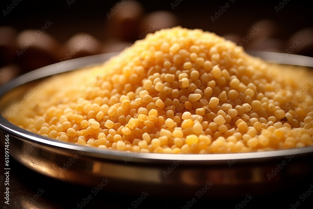Macro detail close-up photography of a tempting couscous on a porcelain platter against a leather background. With generative AI technology Macro detail close-up photography of a tempting couscous on a porcelain platter against a leather background. With generative AI technology