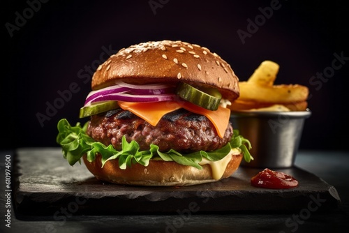 Highly detailed close-up photography of a tempting burguer on a slate plate against a leather background. With generative AI technology