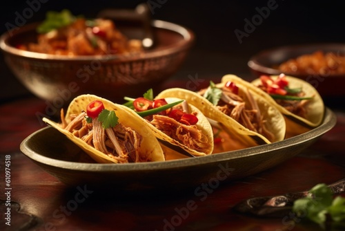 Detailed close-up photography of a tempting tacos in a clay dish against a leather background. With generative AI technology