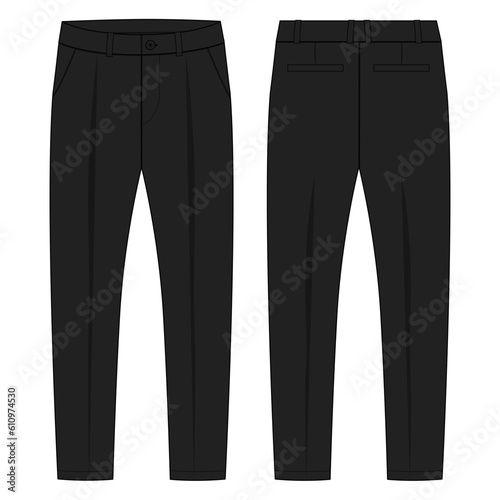 Trouser pants technical drawing fashion flat sketch vector illustration black color template front and back views isolated on white background. 