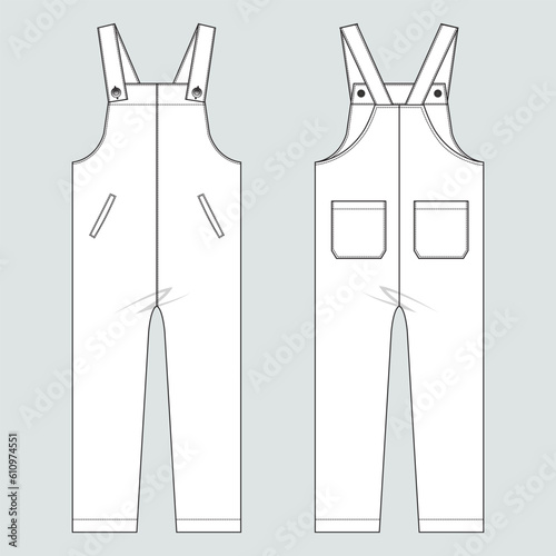 All in one jumpsuit dungaree technical drawing fashion flat sketch vector illustration template front and back views