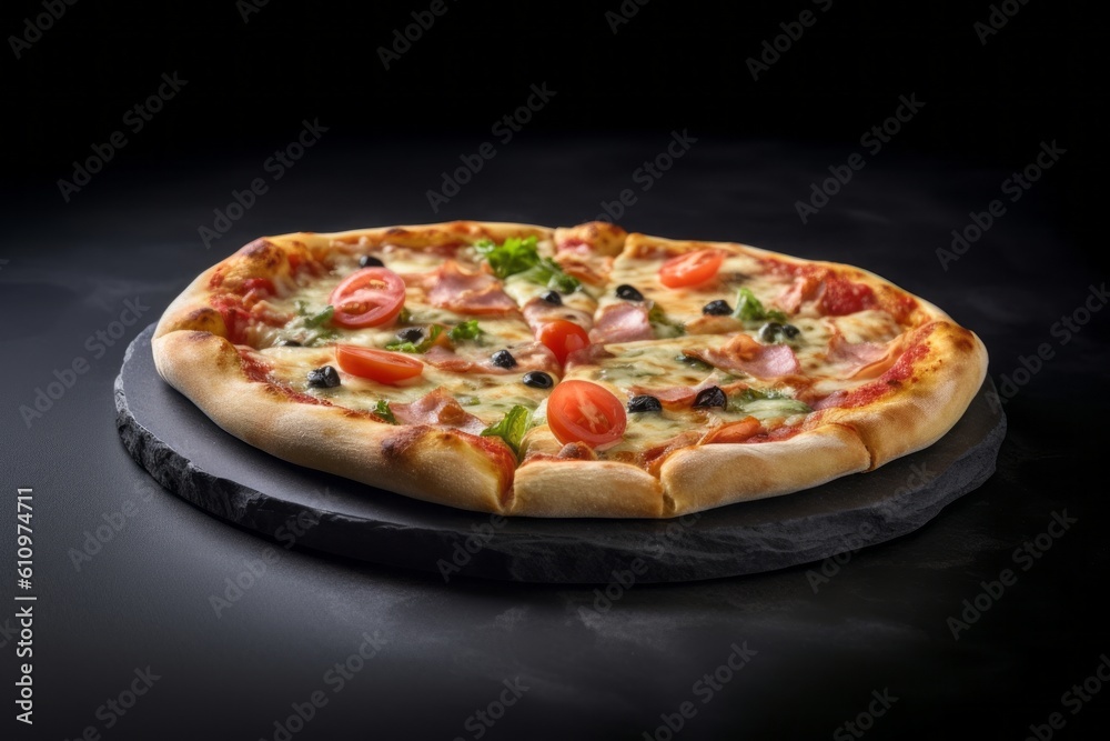 Detailed close-up photography of a tempting pizza on a slate plate against a granite background. With generative AI technology Detailed close-up photography of a tempting pizza on a slate plate against a granite background. With generative AI technology
