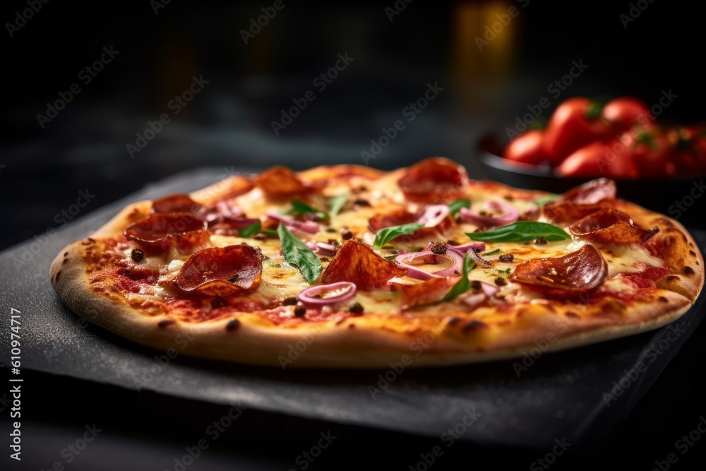 Detailed close-up photography of a tempting pizza on a slate plate against a granite background. With generative AI technology