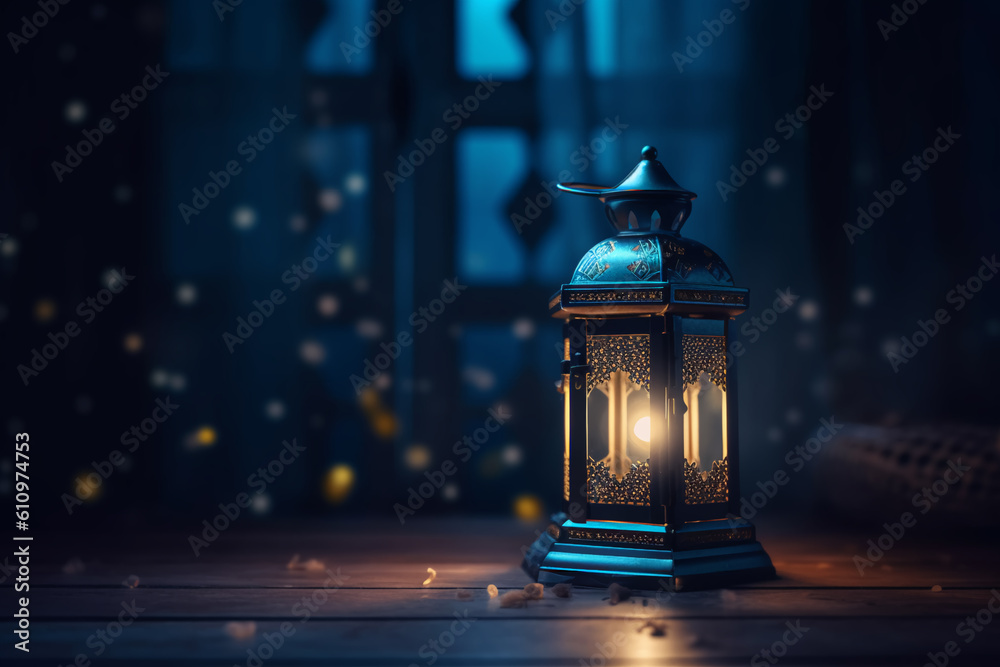 Radiant Ramadan lantern in a dark room with a dark and blurry image behind it, generative ai Radiant Ramadan lantern in a dark room with a dark and blurry image behind it, generative ai