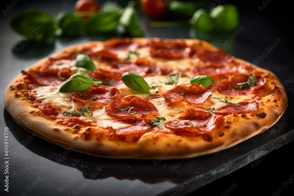 Detailed close-up photography of a tempting pizza on a slate plate against a granite background. With generative AI technology