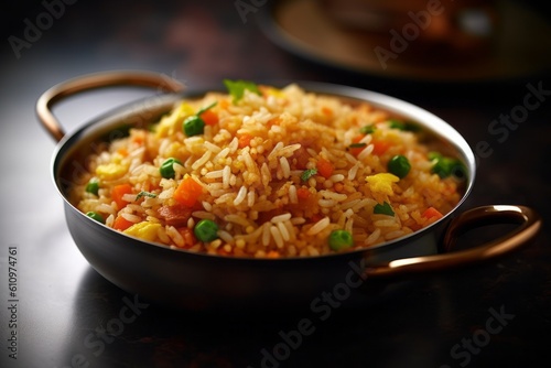 Conceptual close-up photography of a tempting fried rice on a metal tray against a granite background. With generative AI technology