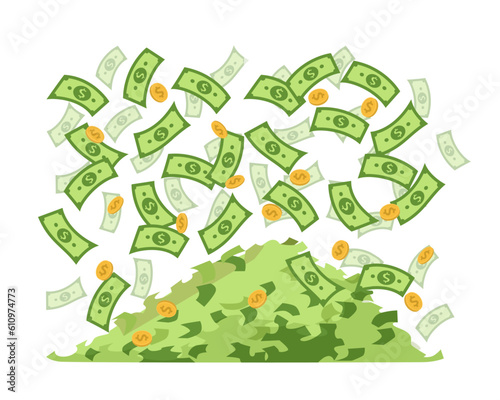 Green dollars and coins falling vector illustration. Pile of money with flying bills or banknotes on white background. Financial analytics, financial management, money savings, deposit growth concept