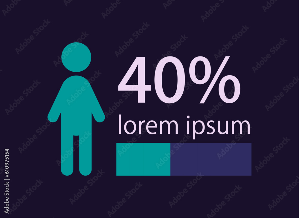 Male part infographic chart design template for dark theme. Forty percentage. Editable infochart with horizontal bar graph and man figure. Visual data presentation. Myriad Pro-Bold, Regular fonts used Male part infographic chart design template for dark theme. Forty percentage. Editable infochart with horizontal bar graph and man figure. Visual data presentation. Myriad Pro-Bold, Regular fonts used
