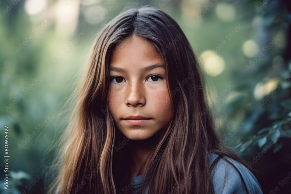 Fototapeta premium Young girl with long hair standing in a forest. Generative AI.