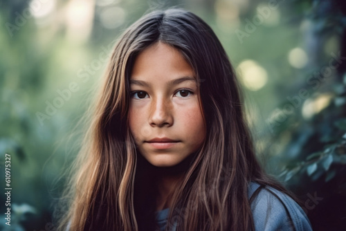 Young girl with long hair standing in a forest. Generative AI. © OPPERMAN
