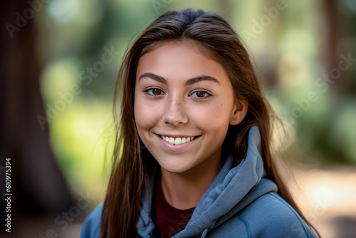 Smiling young woman outdoors in summer. Generative AI.