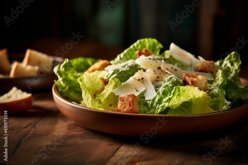 Natural light close-up photography of a juicy caesar salad on a wooden board against a jute fabric background. With generative AI technology