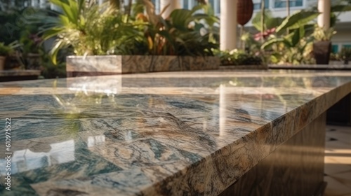 An empty marble countertop with flowers on top. Can be used to showcase products. Summer vacation and relaxation. Generative AI