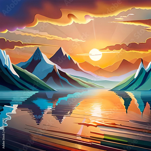 Sunrise or Sunset in mountains with beautiful lake landscape watercolor paint landscape. Generative Ai.