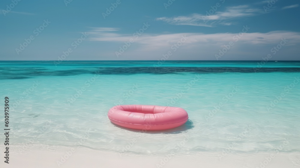 Floating pink inflatable circle on the seashore, top view. Sea waves near the shore. Summer vacation and relaxation by the sea. Generative AI Floating pink inflatable circle on the seashore, top view. Sea waves near the shore. Summer vacation and relaxation by the sea. Generative AI